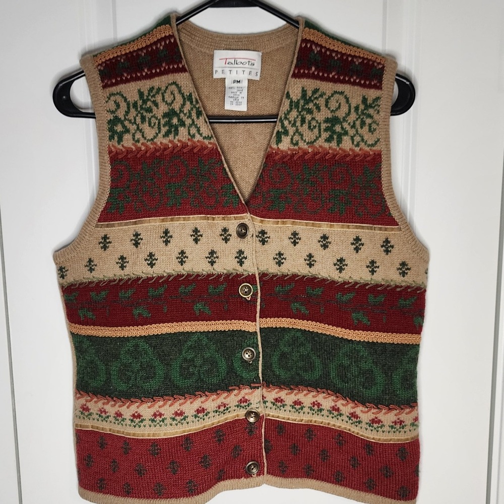 Talbots Petites PM Tan Multi Color Knit Fair Isle Button Vest 100% Wool